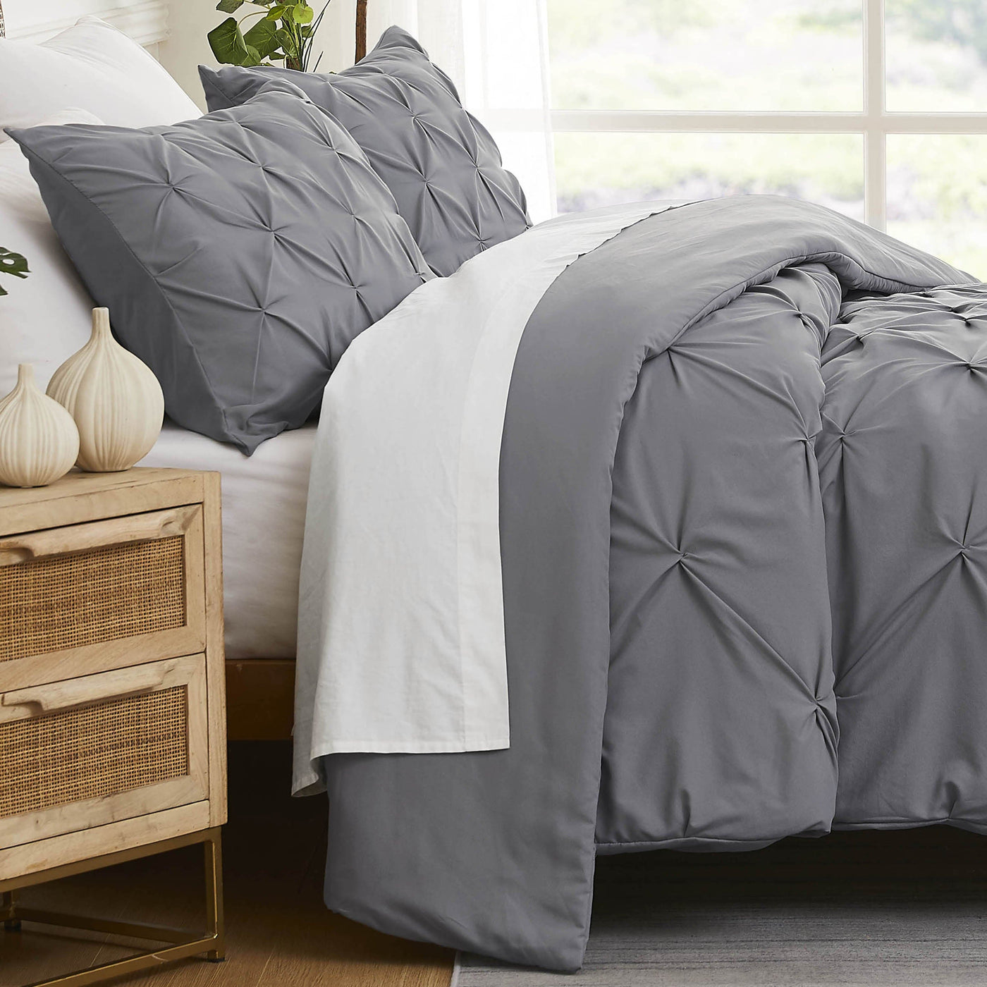 Side View of Pintuck Pinch Pleated Duvet Cover Set in Slate#color_vilano-slate