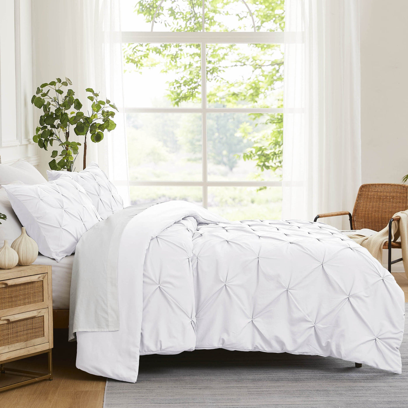 Side View of Pintuck Pinch Pleated Duvet Cover Set in Bright White#color_vilano-bright-white
