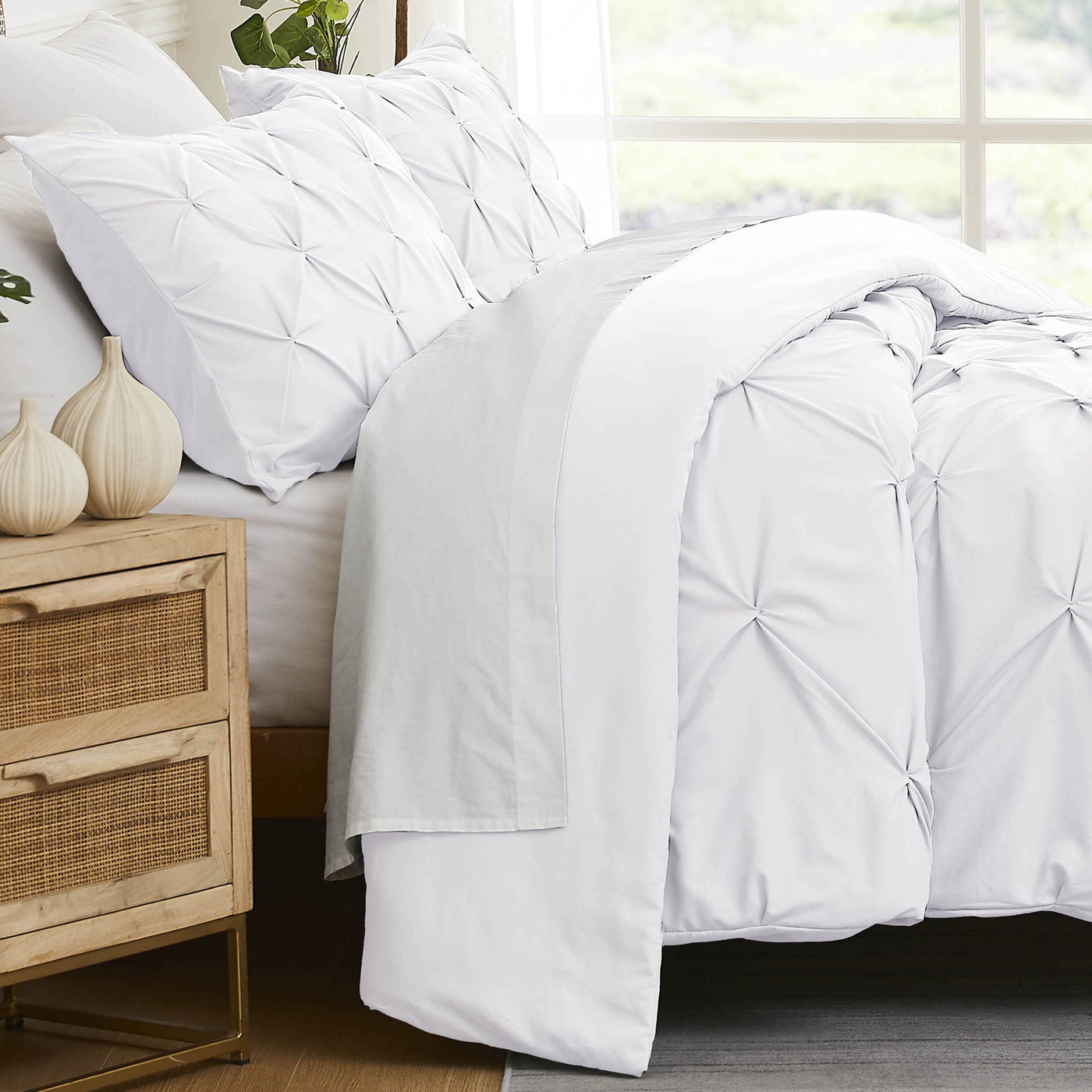 Side View of Pintuck Pinch Pleated Duvet Cover Set in Bright White#color_vilano-bright-white