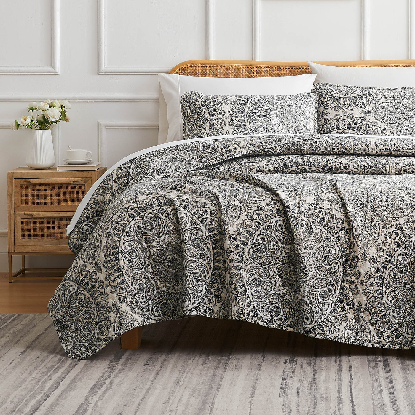 Front View of Ashanti Oversized Quilt Set in grey#color_ashanti-grey