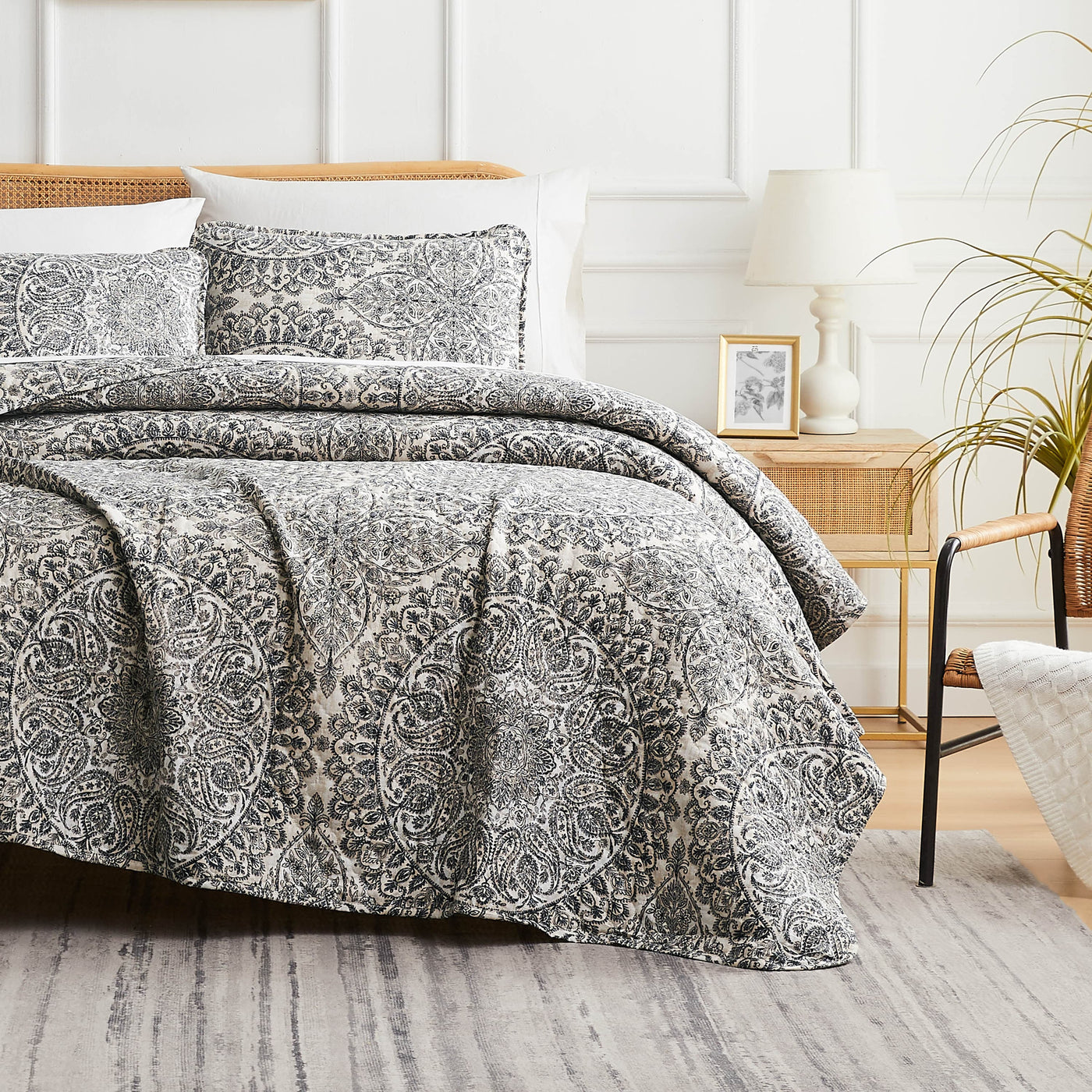 Front View of Ashanti Oversized Quilt Set in grey#color_ashanti-grey