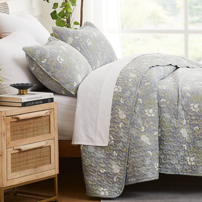 Side View of Infinite Blossom Quilt Set in steel blue#color_infinite-blossom-steel-blue