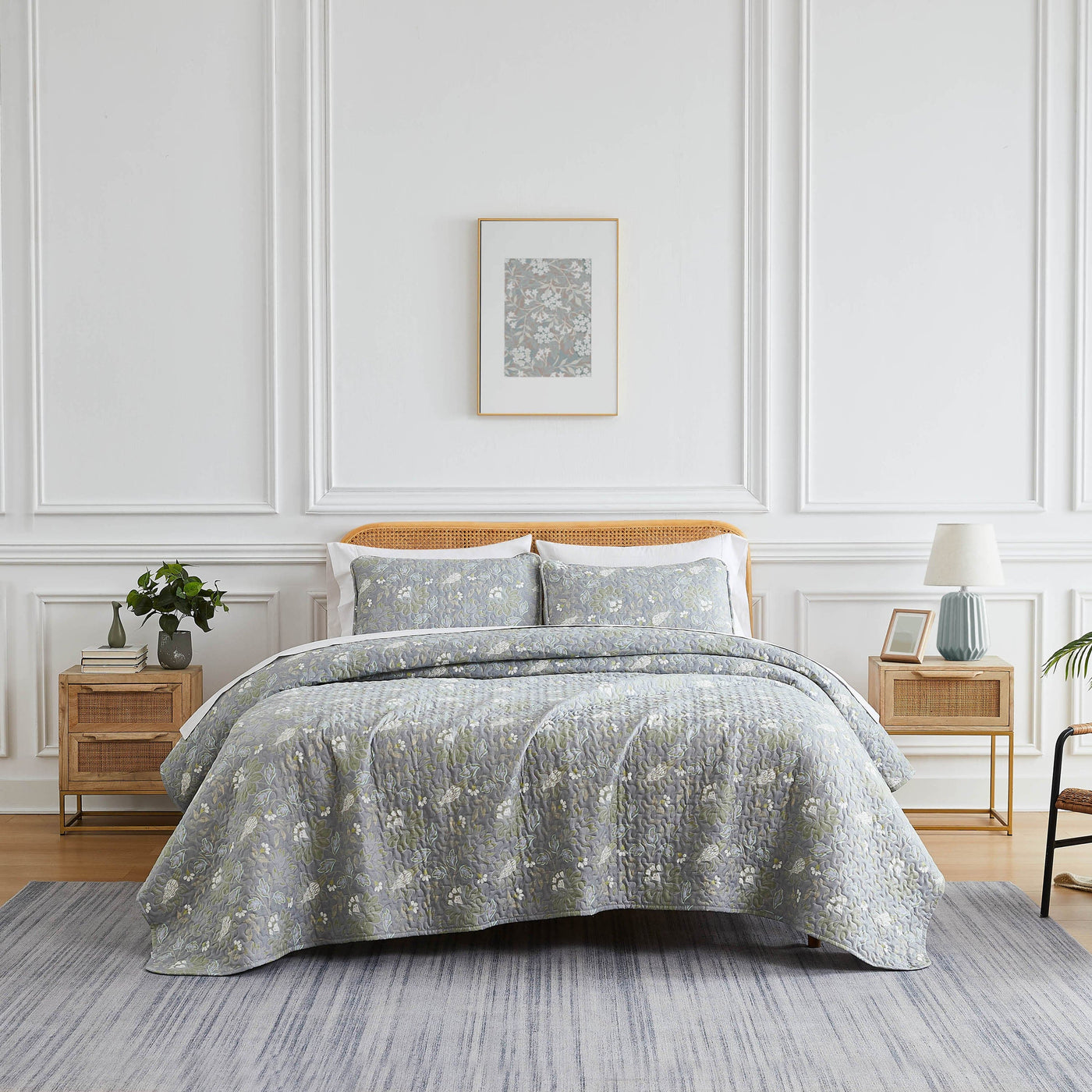 Front View of Infinite Blossom Quilt Set in steel blue#color_infinite-blossom-steel-blue