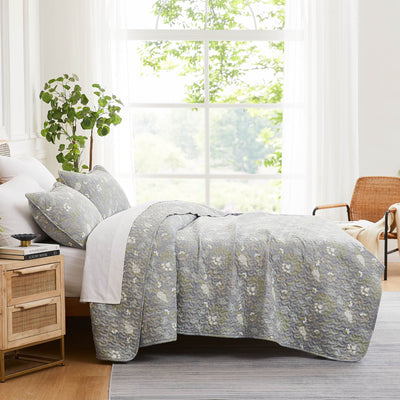 Side View of Infinite Blossom Quilt Set in steel blue#color_infinite-blossom-steel-blue