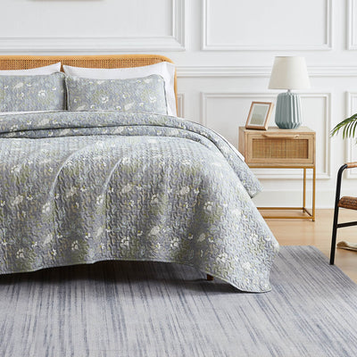 Front View of Infinite Blossom Quilt Set in steel blue#color_infinite-blossom-steel-blue