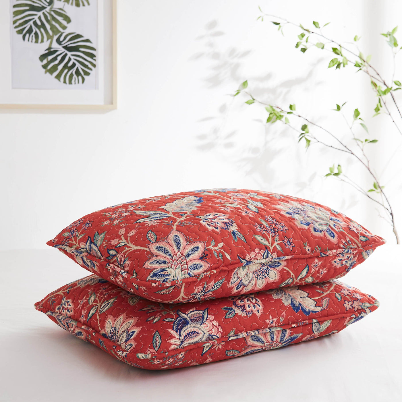 Stack Image of Jacobean Willow Quilted Shams in Red #color_jacobean-willow-red