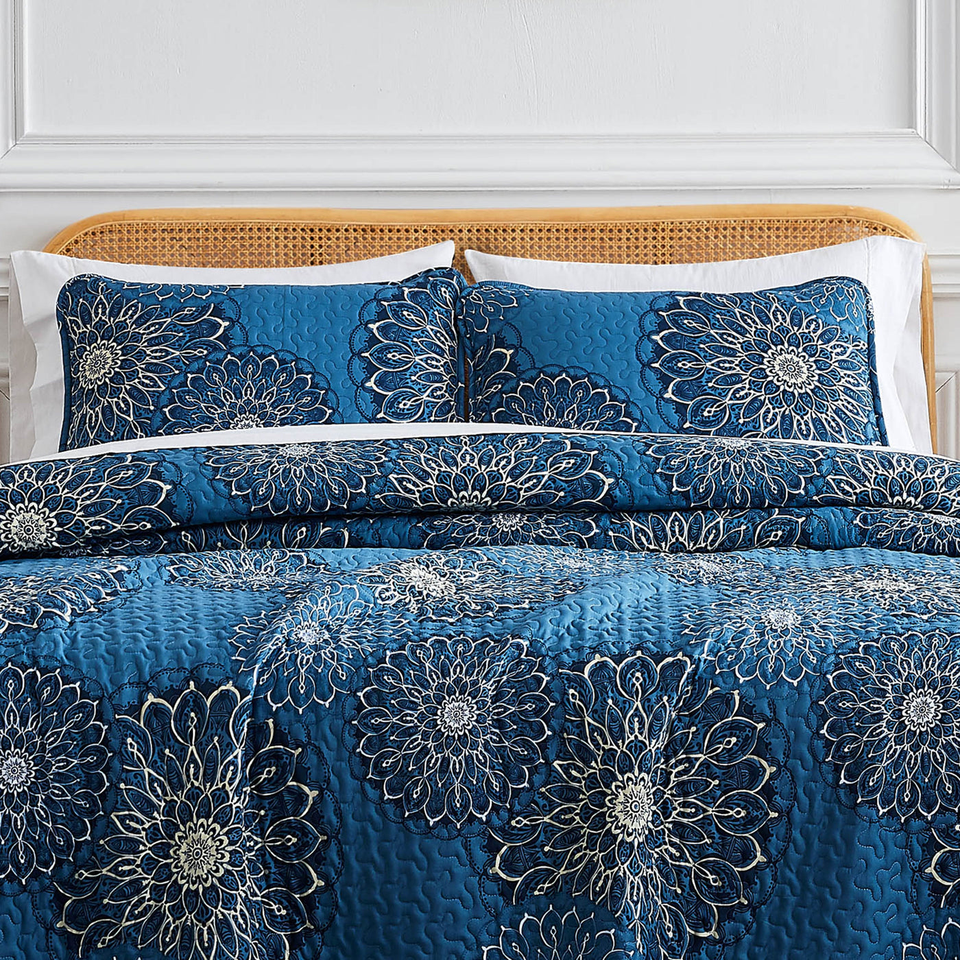 Front View of Midnight Florals Quilt Set in blue#color_midnight-floral-aqua