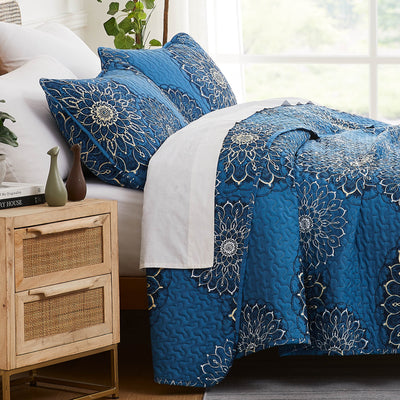 Side View of Midnight Florals Quilt Set in blue#color_midnight-floral-aqua