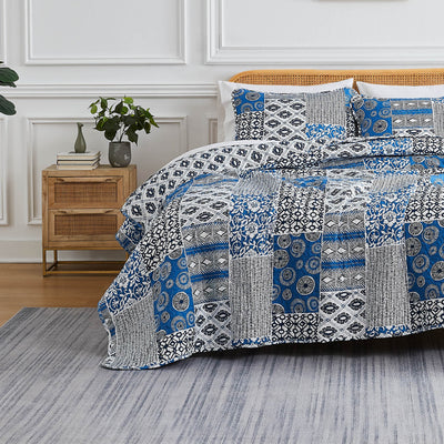 Front View of Global Patchwork Quilt Set in blue#color_patchwork-blue