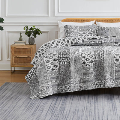 Front View of Global Patchwork Quilt Set in grey#color_patchwork-grey