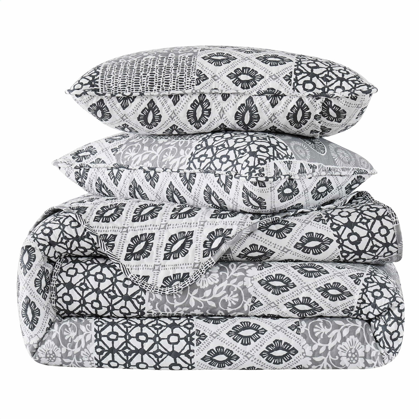 Stack Image of Global Patchwork Quilt Set in grey#color_patchwork-grey