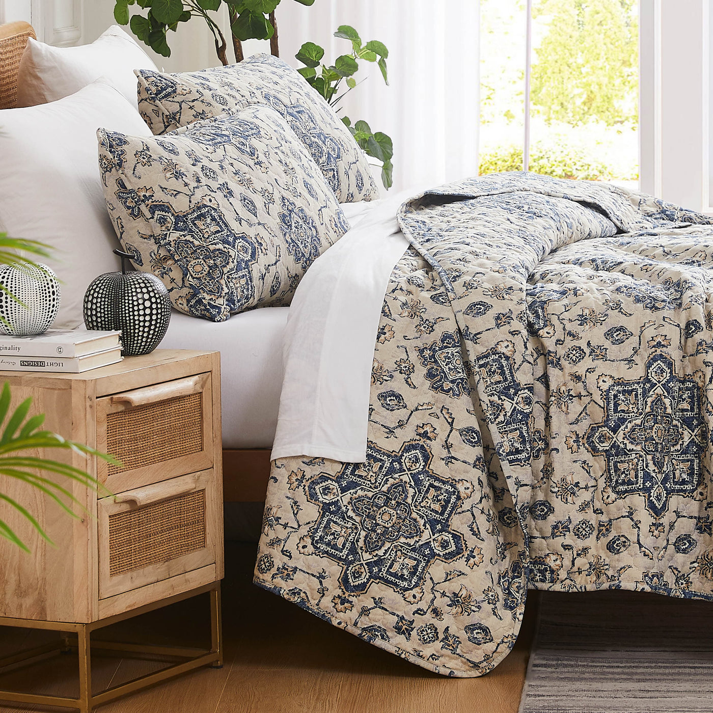 Side View of Persia Oversized Quilt Set in Indigo#color_persia-indigo