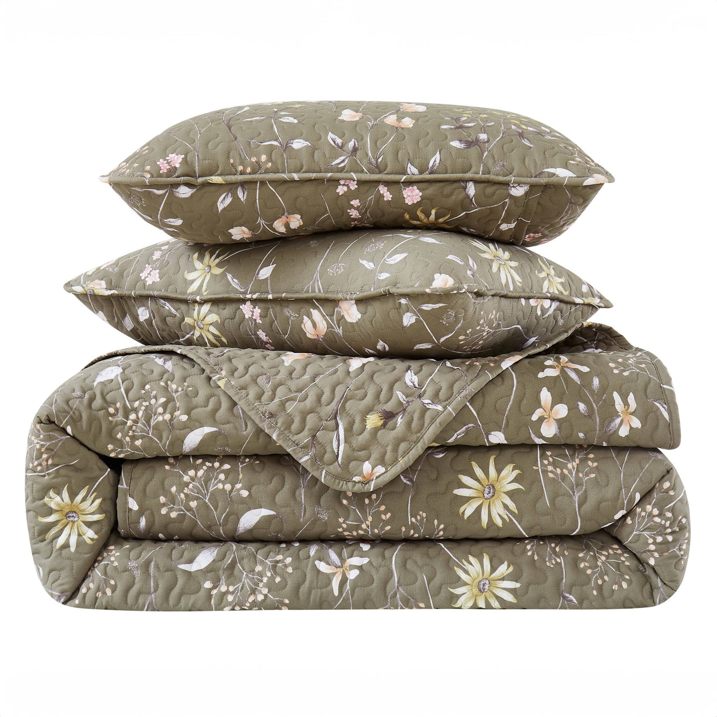 Stack Image of Secret Meadow Quilt Set in olive-brown#color_secret-meadow-olive-brown