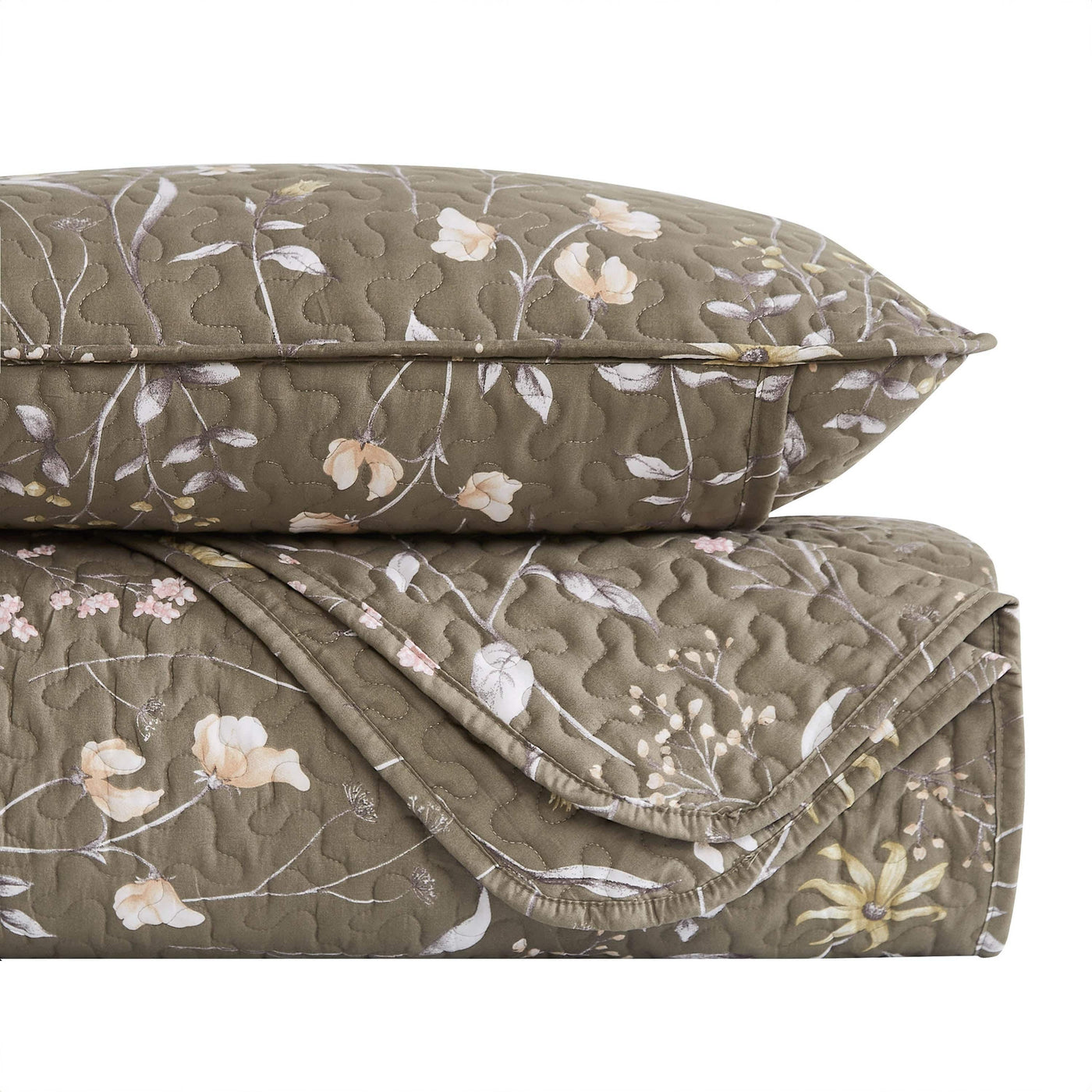 Stack Image of Secret Meadow Quilt Set in olive-brown#color_secret-meadow-olive-brown
