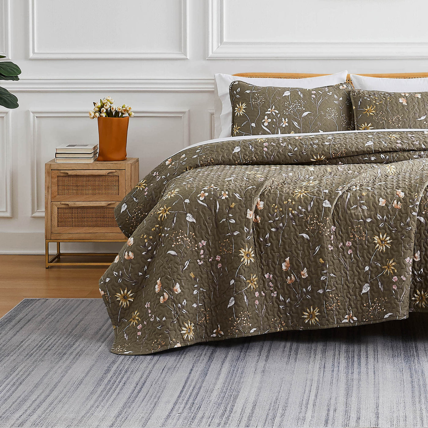 Front View of Secret Meadow Quilt Set in olive-brown#color_secret-meadow-olive-brown