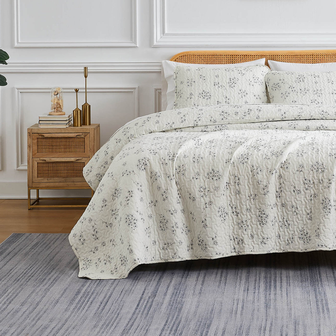 Front View of Sweet Florals Quilt Set in grey#color_sweet-lunar-grey