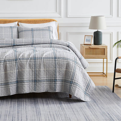 Front View of Vilano Plaid Quilt Set in grey#color_plaid-grey