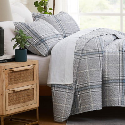 Side View of Vilano Plaid Quilt Set in grey#color_plaid-grey