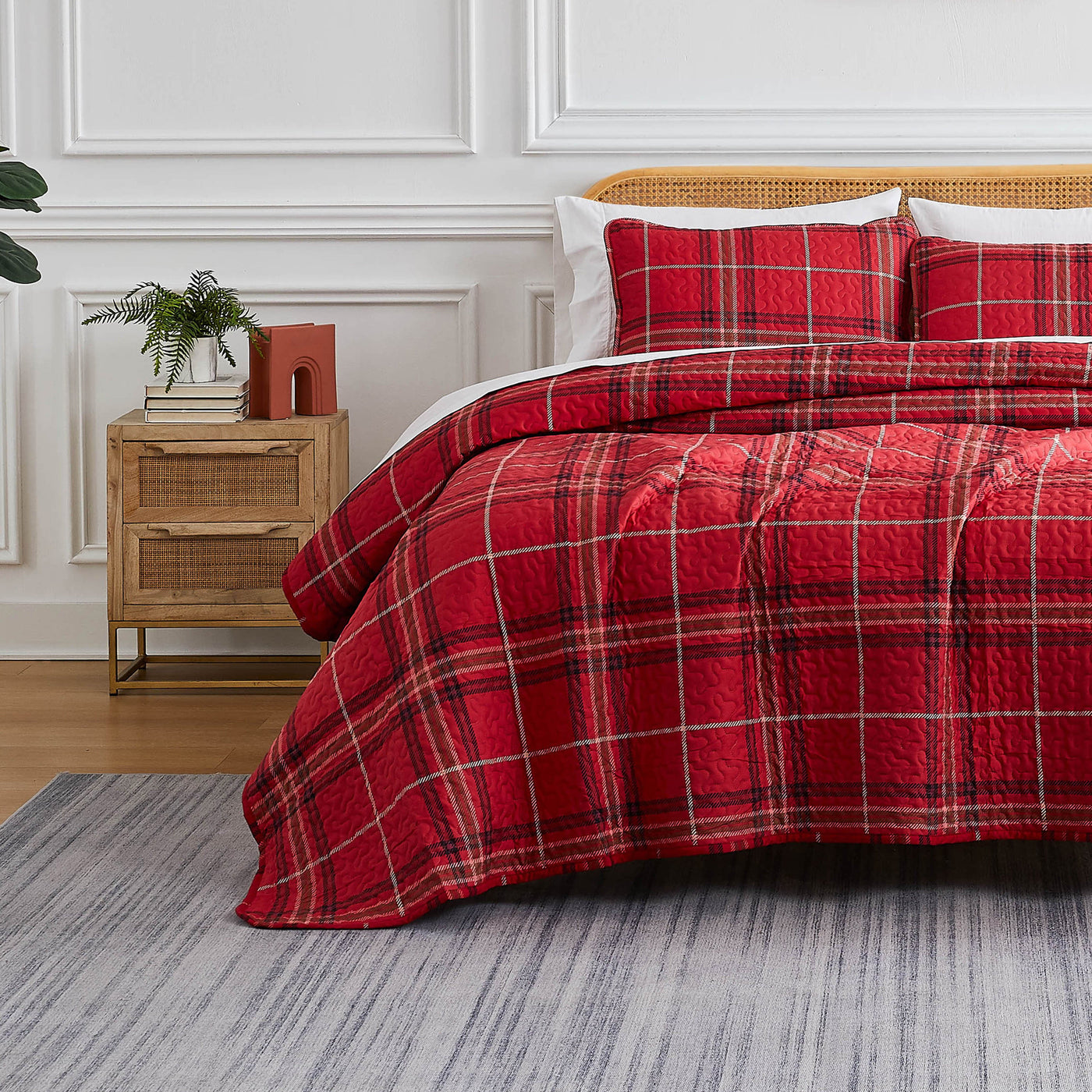 Front View of Vilano Plaid Quilt Set in red#color_plaid-red