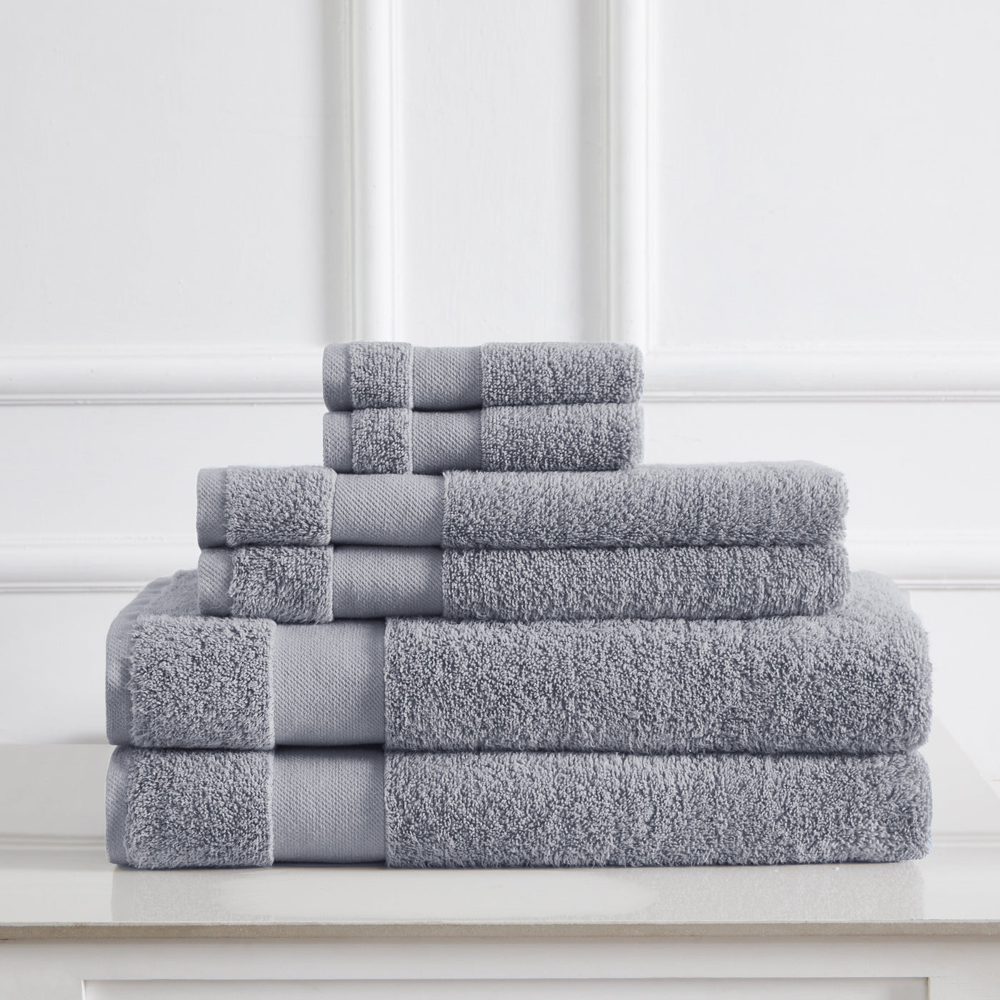 6 Piece of Super-Plush Bath Sheets in Steel Grey Stack Together#color_medium-weight-classic-towel-steel-grey