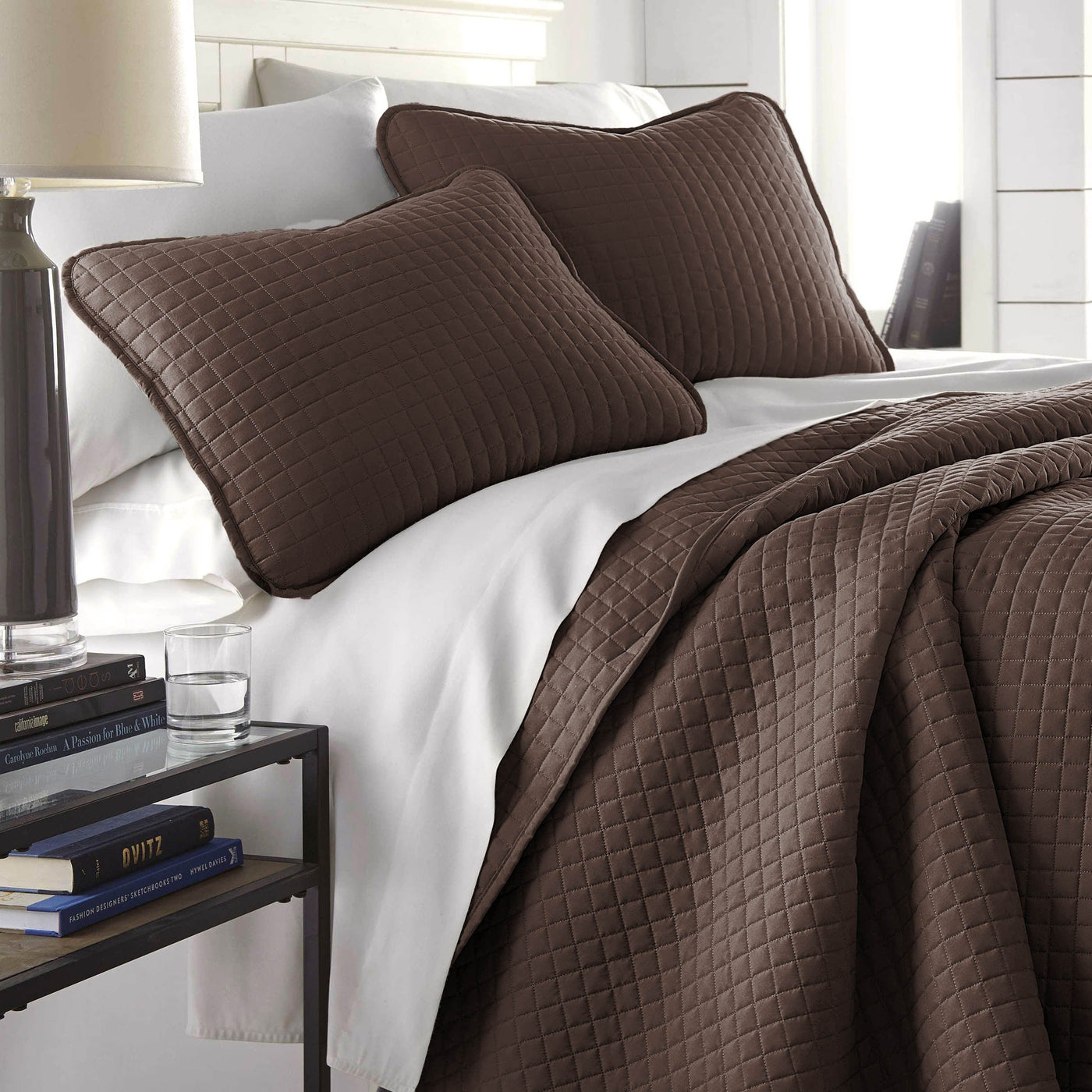 Angled View of Vilano Oversized Quilt in Chocolate Brown#color_vilano-chocolate-brown
