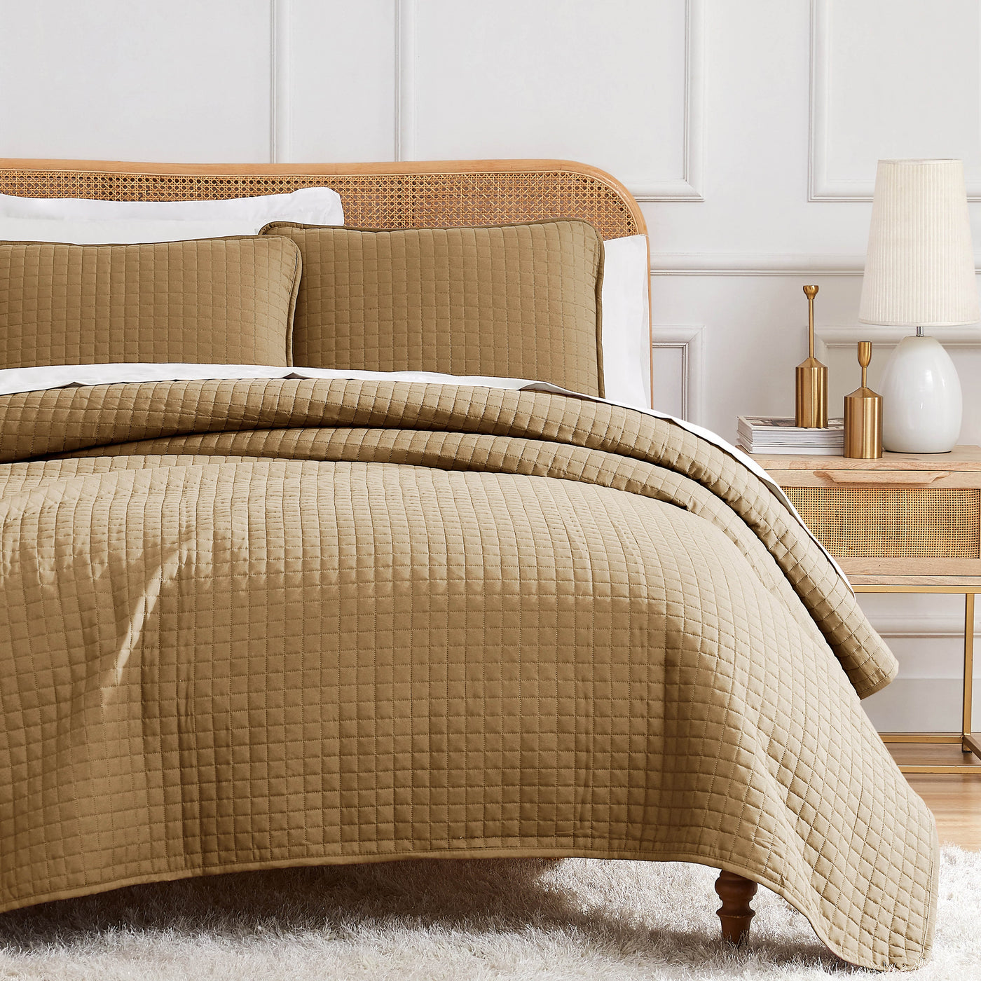 Half Front View of Vilano Oversized Quilt Set in Taupe#color_vilano-taupe