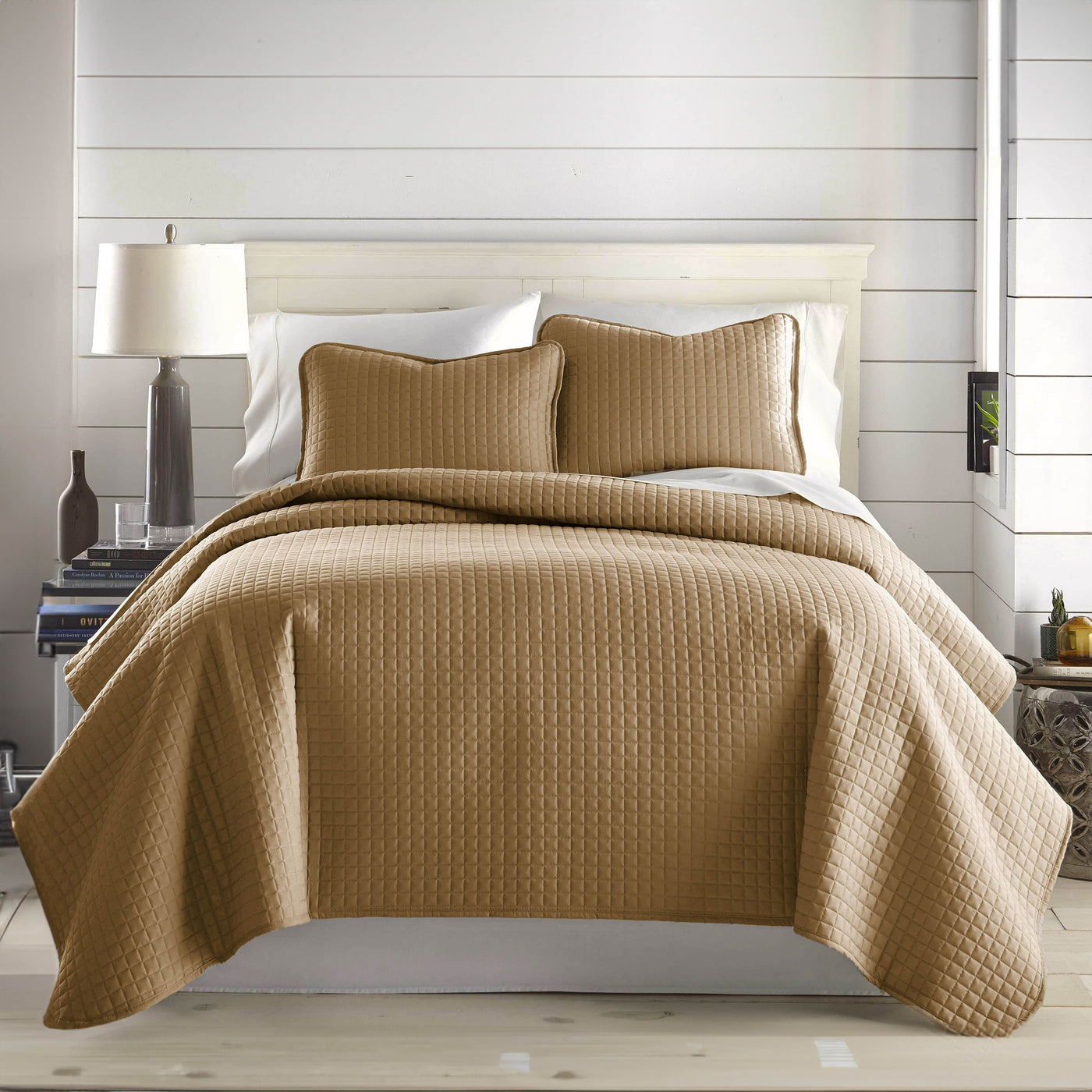 Half Front View of Vilano Oversized Quilt Set in Taupe#color_vilano-taupe