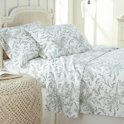 Winter Brush Print Ultra Soft and Supreme Quality Sheet Set in White with Teal Flowers#color_winter-brush-white-with-teal-flowers