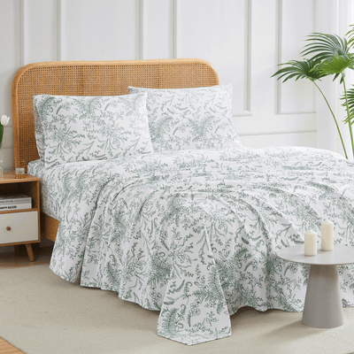 Winter Brush Print Ultra Soft and Supreme Quality Sheet Set in White with Teal Flowers#color_winter-brush-white-with-teal-flowers