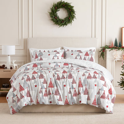 Merry and Bright Christmas duvet cover set with red and gray trees in a festive bedroom