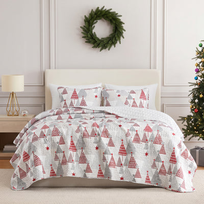 Southshore Fine Linens Merry and Bright oversized Christmas quilt set featuring red and gray festive tree patterns, matching pillow shams, and a beautifully decorated holiday bedroom.