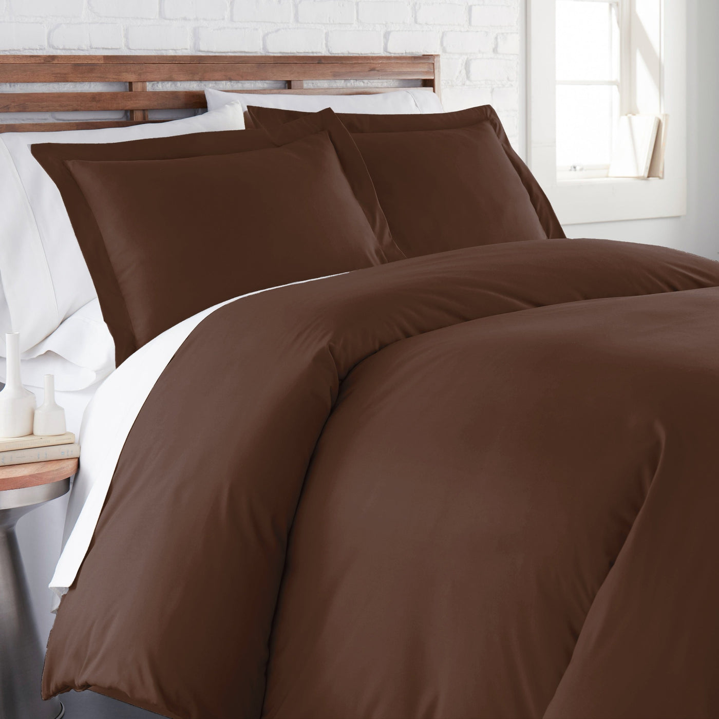 Side View of Everyday Essentials Duvet Cover Set in Brown#color_chocolate-brown