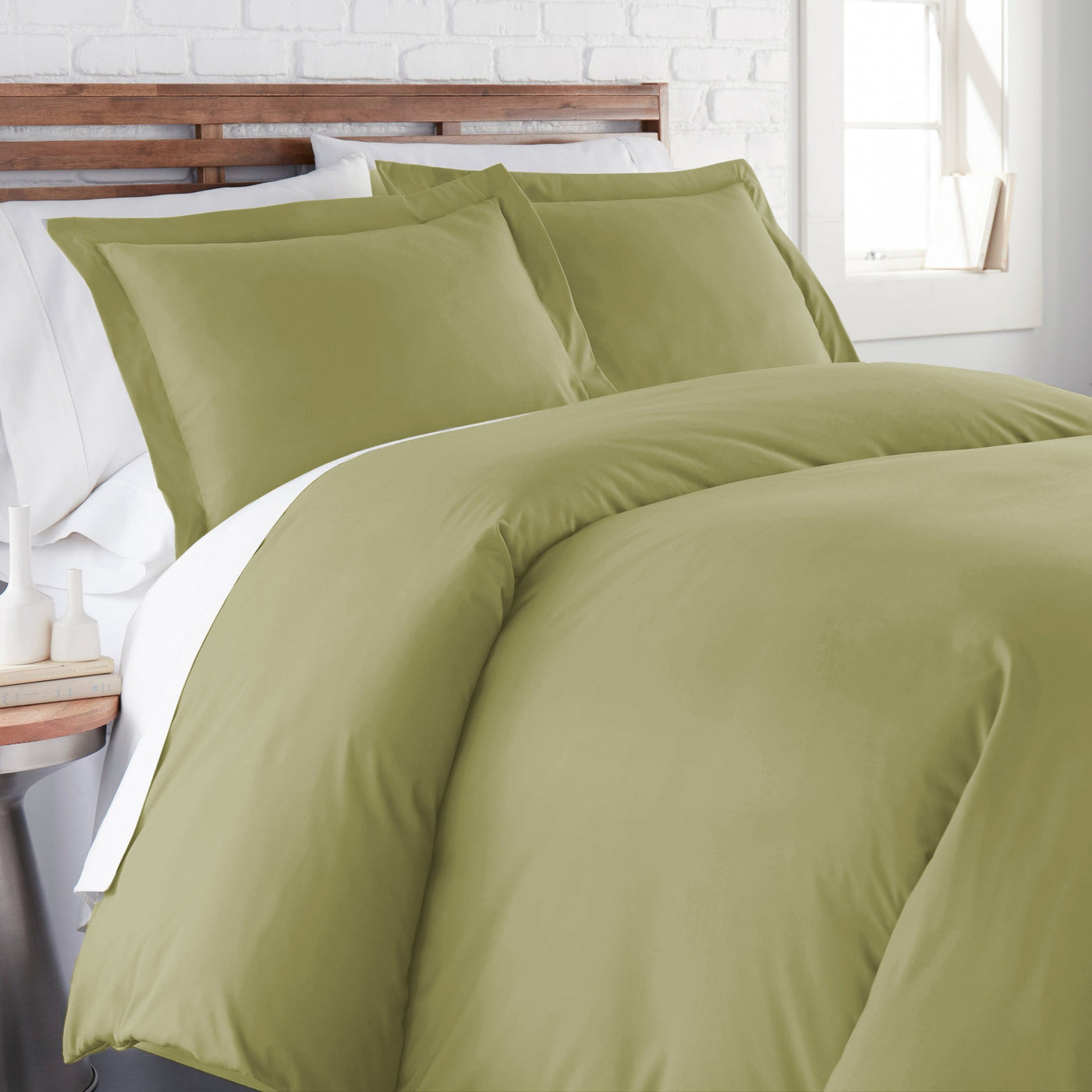 Side View of Everyday Essentials Duvet Cover Set in Sage Green#color_sage-green