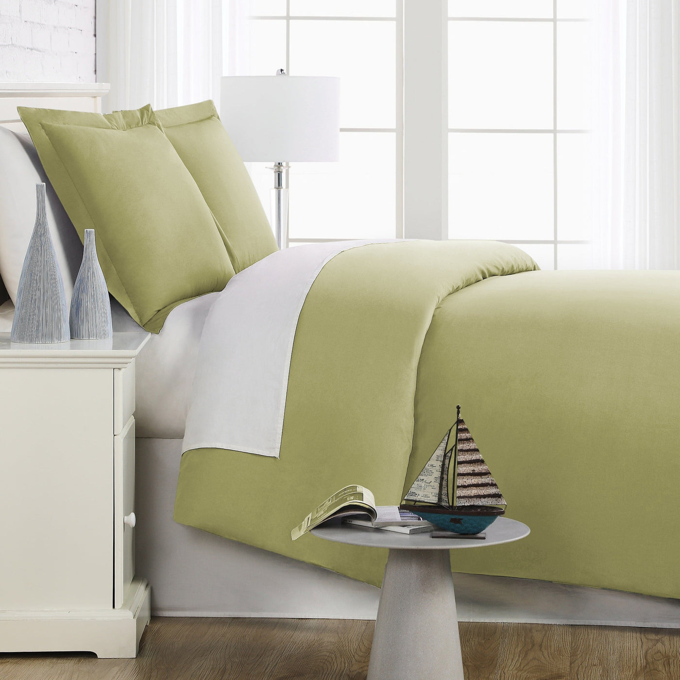 Side View of Everyday Essentials Duvet Cover Set in Sage Green#color_sage-green