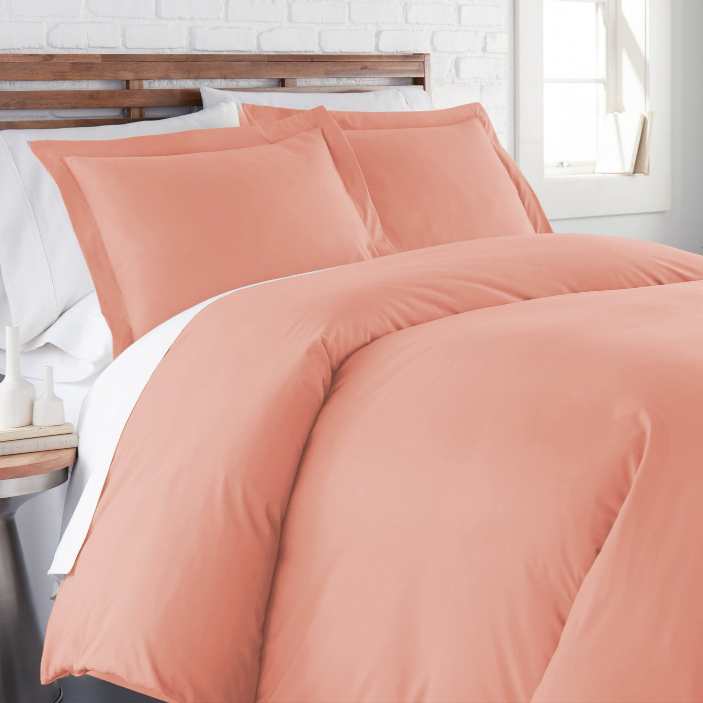 Side View of Everyday Essentials Duvet Cover Set in Peach#color_peach