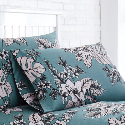 Close Up View of Flora Pillow Case in Green#color_flora-green