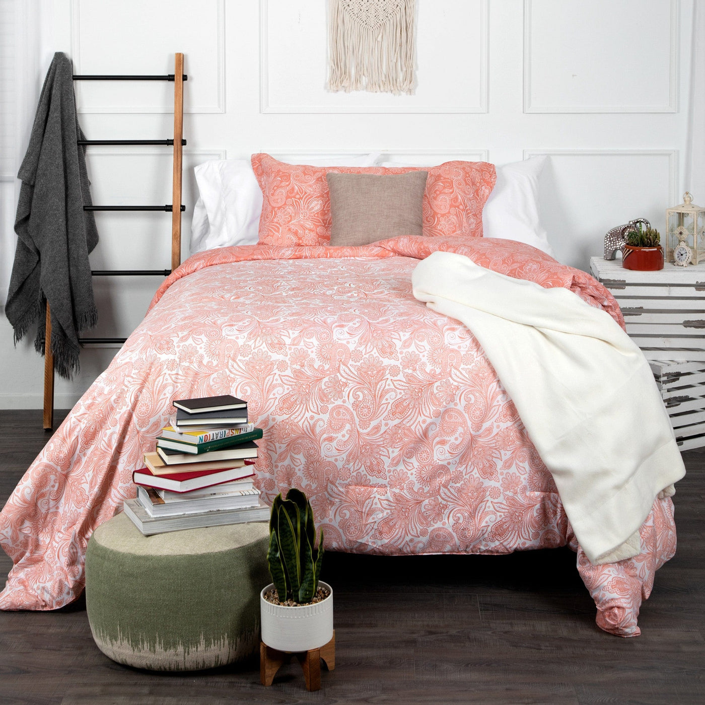 Front View of Perfect Paisley Reversible Comforter Set in Coral#color_perfect-paisley-coral-haze