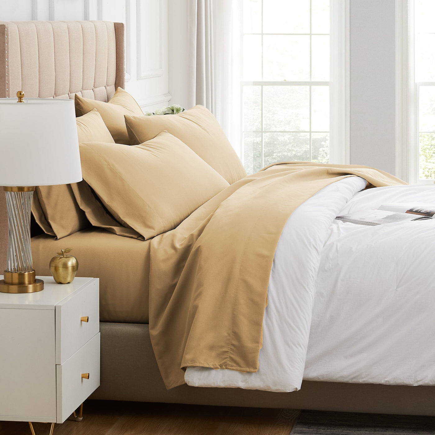 Side View of Everyday Essentials 6-Piece Sheet Set in Warm Sand#color_warm-sand
