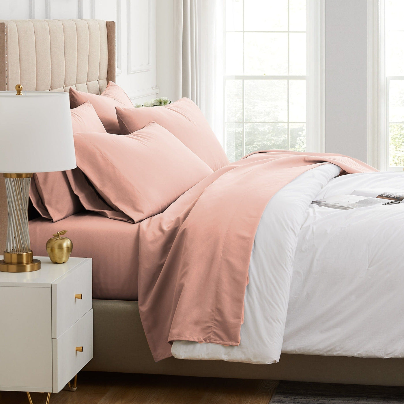 Side View of Everyday Essentials 6-Piece Sheet Set in Peach#color_peach
