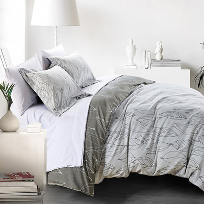 Side View of Modern Foliage Reversible Comforter Set in Grey#color_modern-foliage-grey