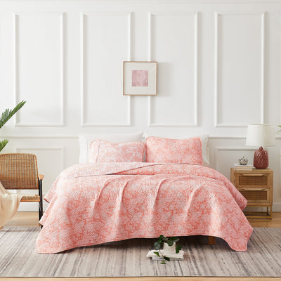 Front View of Perfect Paisley Reversible Quilt Set in Coral#color_perfect-paisley-coral-haze