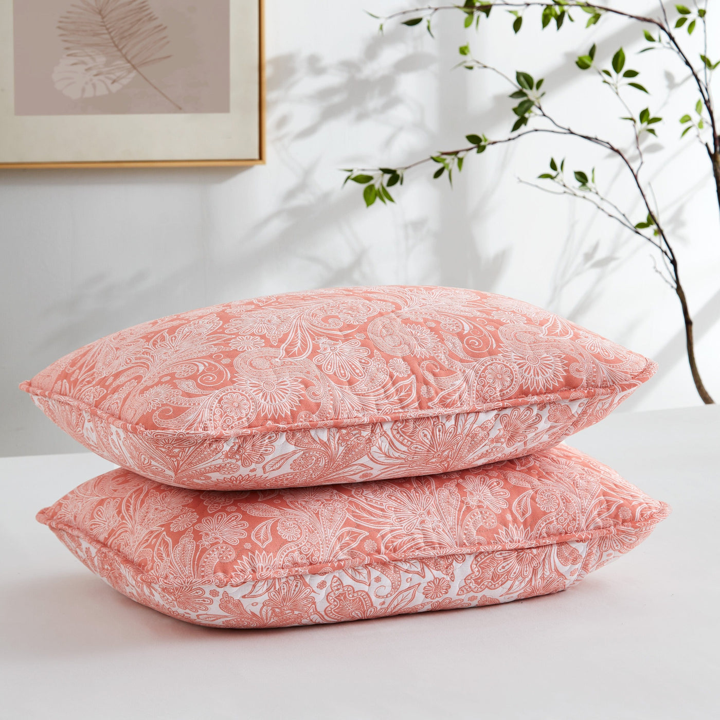 Two Pillows of Perfect Paisley in Coral Stack Together#color_perfect-paisley-coral-haze