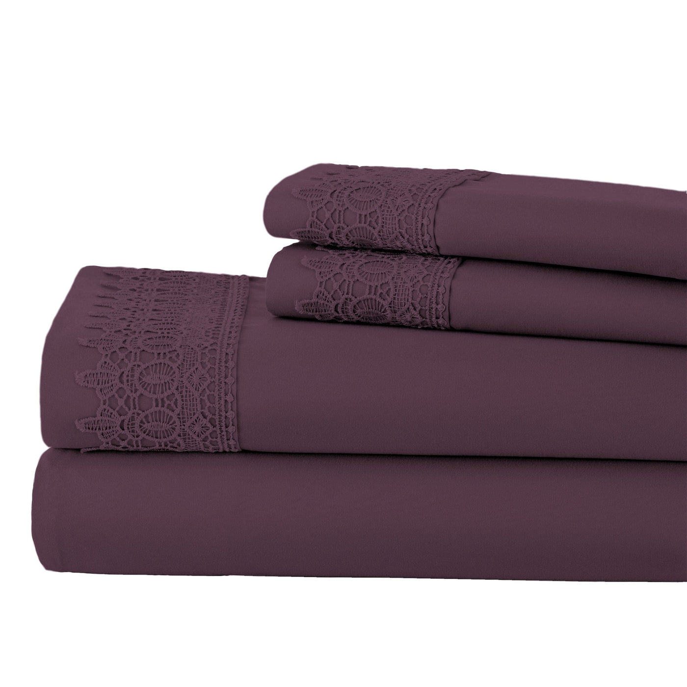 Vilano Extra Deep Pocket Lace Hem Sheet Set in Purple Stack Together#color_vilano-purple