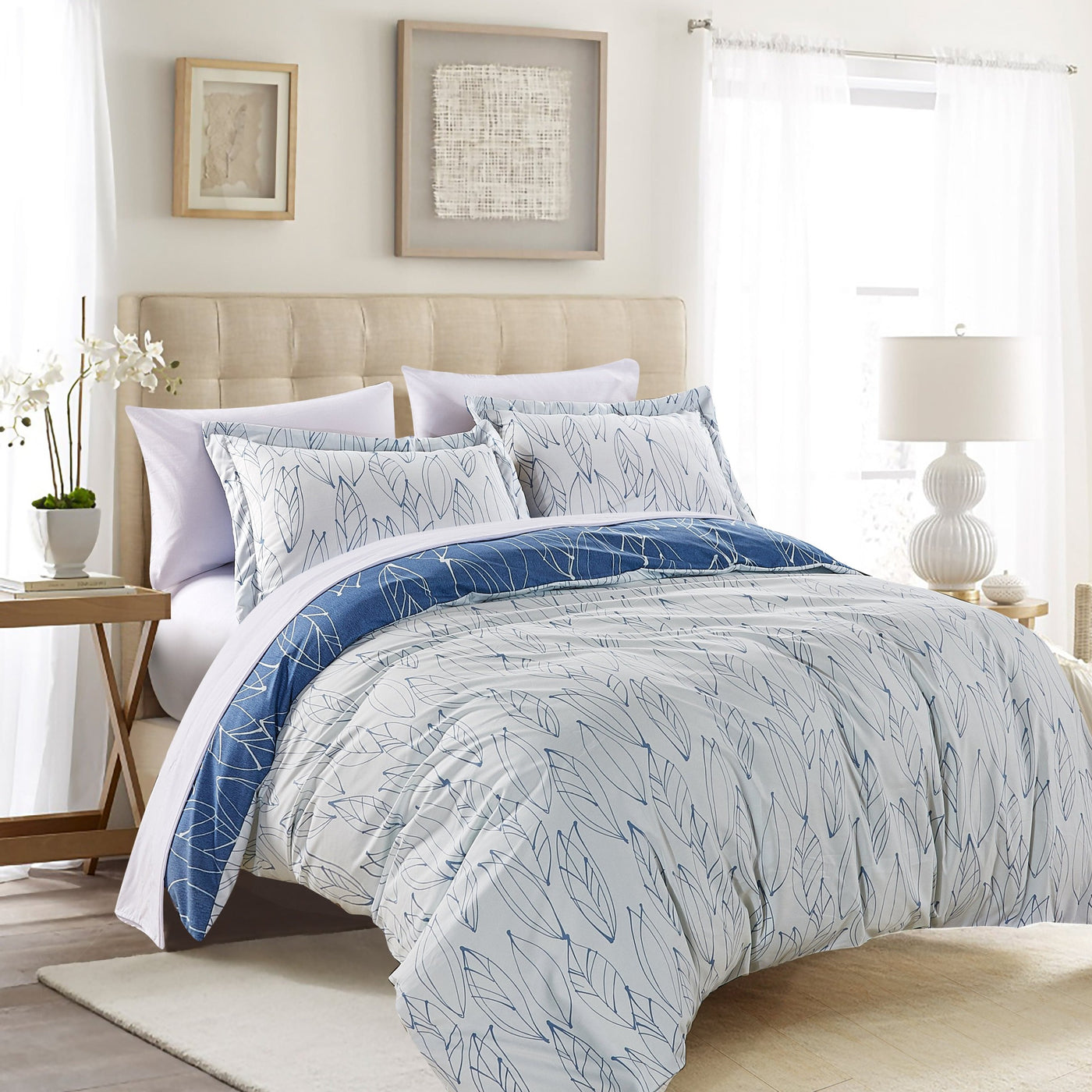 Front View of Modern Foliage Reversible Comforter Set in Blue#color_modern-foliage-blue
