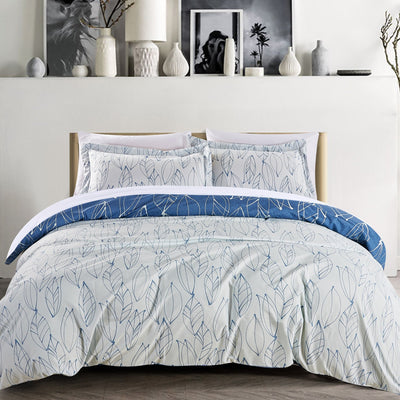 Front View of Modern Foliage Reversible Duvet Cover Set in Blue#color_modern-foliage-blue