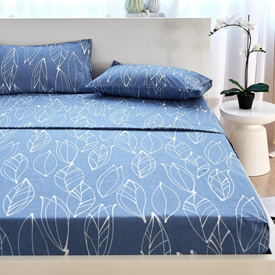Half Front View of Modern Foliage Sheet Set in Blue and White#color_modern-foliage-blue