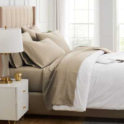 Side View of Vilano Extra Deep Pocket 6-Piece Sheet Set in Taupe#color_vilano-taupe