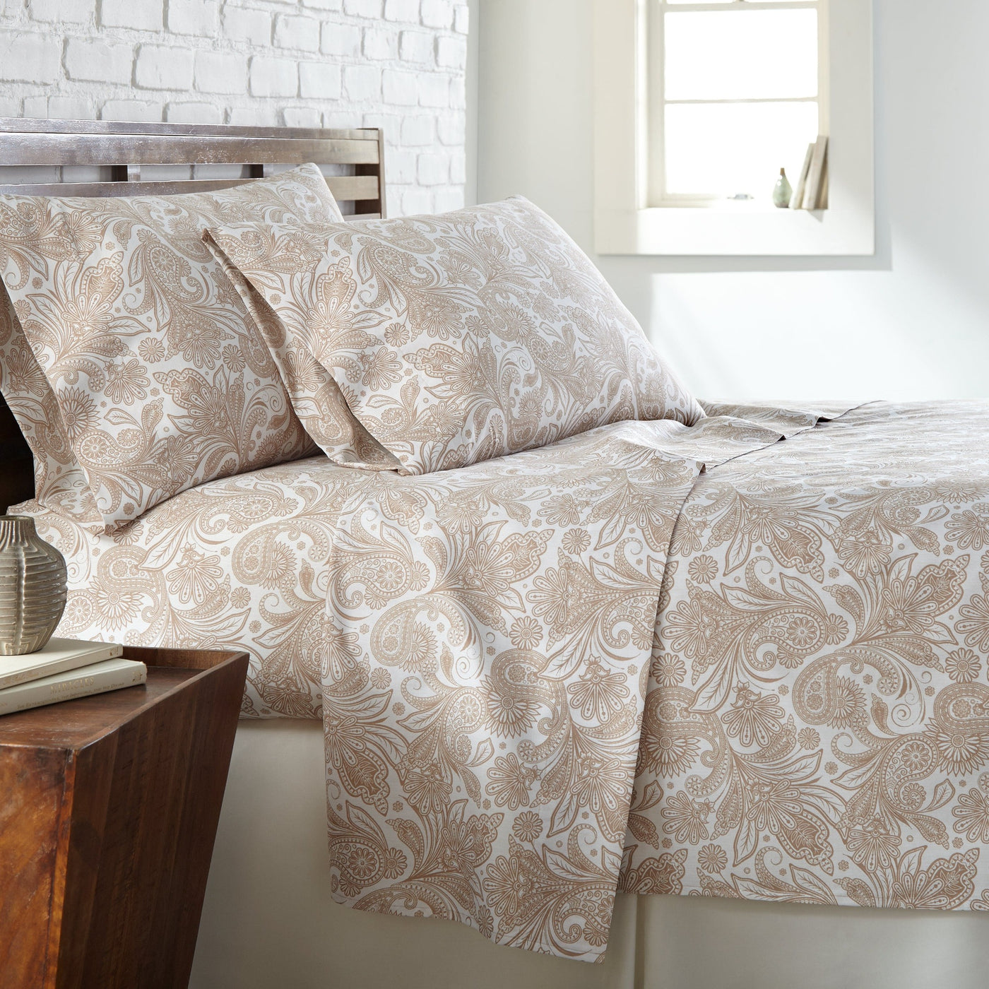 Side View of Perfect Paisley Pillow Cases in White and Taupe#color_perfect-paisley-white-with-taupe