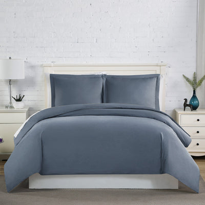Front View of 300 Thread Count Sateen Solid Cotton Duvet Cover Set in Steel Blue#color_solid-steel-blue