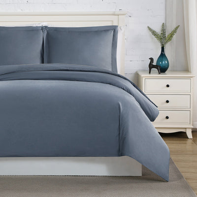 Front View of 300 Thread Count Sateen Solid Cotton Duvet Cover Set in Steel Blue#color_solid-steel-blue